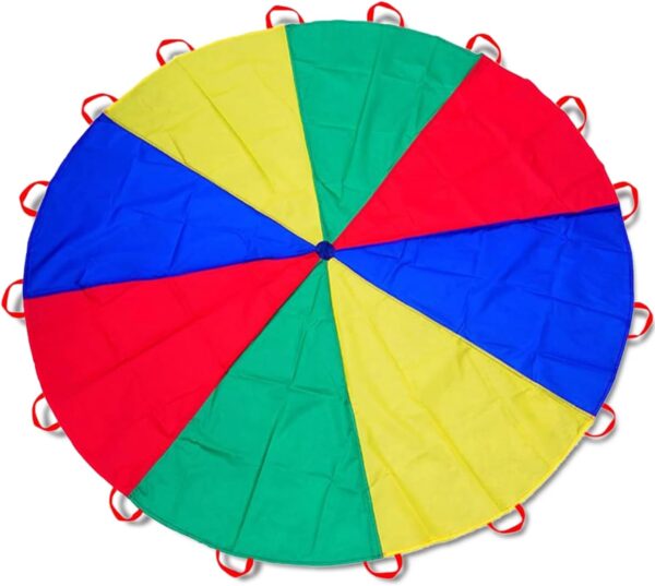 Parachute 12ft/ 10ft/ 6.5ft - Kids Play Gymnastics Parachute with Handles for Group Team Cooperative Games,Indoor Outdoor Gym Class Rainbow Parachute Birthday Church VBS Activity Supplies