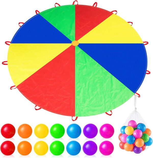 Parachute 12 Ft, 16ft, 20 Ft, 23 Ft, 30 ft for Kids with Handles and Plastic Balls Rainbow Parachute Toy Tent Game for Kids Cooperative Games and Outdoor Playground Activities