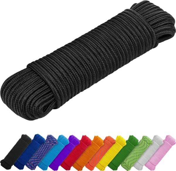 1000lb Rope – 1/4” & 3/8” – 90 FT | 150 FT – Strong All-Purpose Utility Rope – Camping, Crafting, Flag Pole, Indoor & Outdoor – Polypropylene Nylon Poly Lightweight Diamond Braided Cord – Black