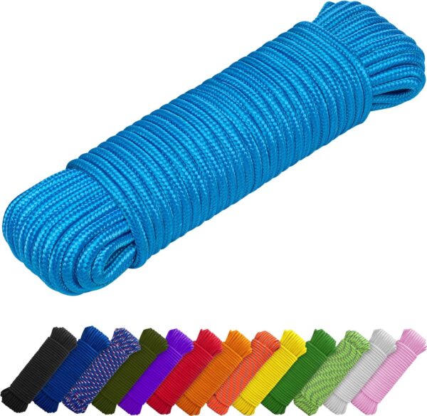 Rope – 90 Feet x 1/4 Inch (7mm) – Sky Blue – Strong All-Purpose Utility Rope – Camping, Crafting, Flag Pole, Indoor & Outdoor – Polypropylene Nylon Poly Lightweight Diamond Braided Cord